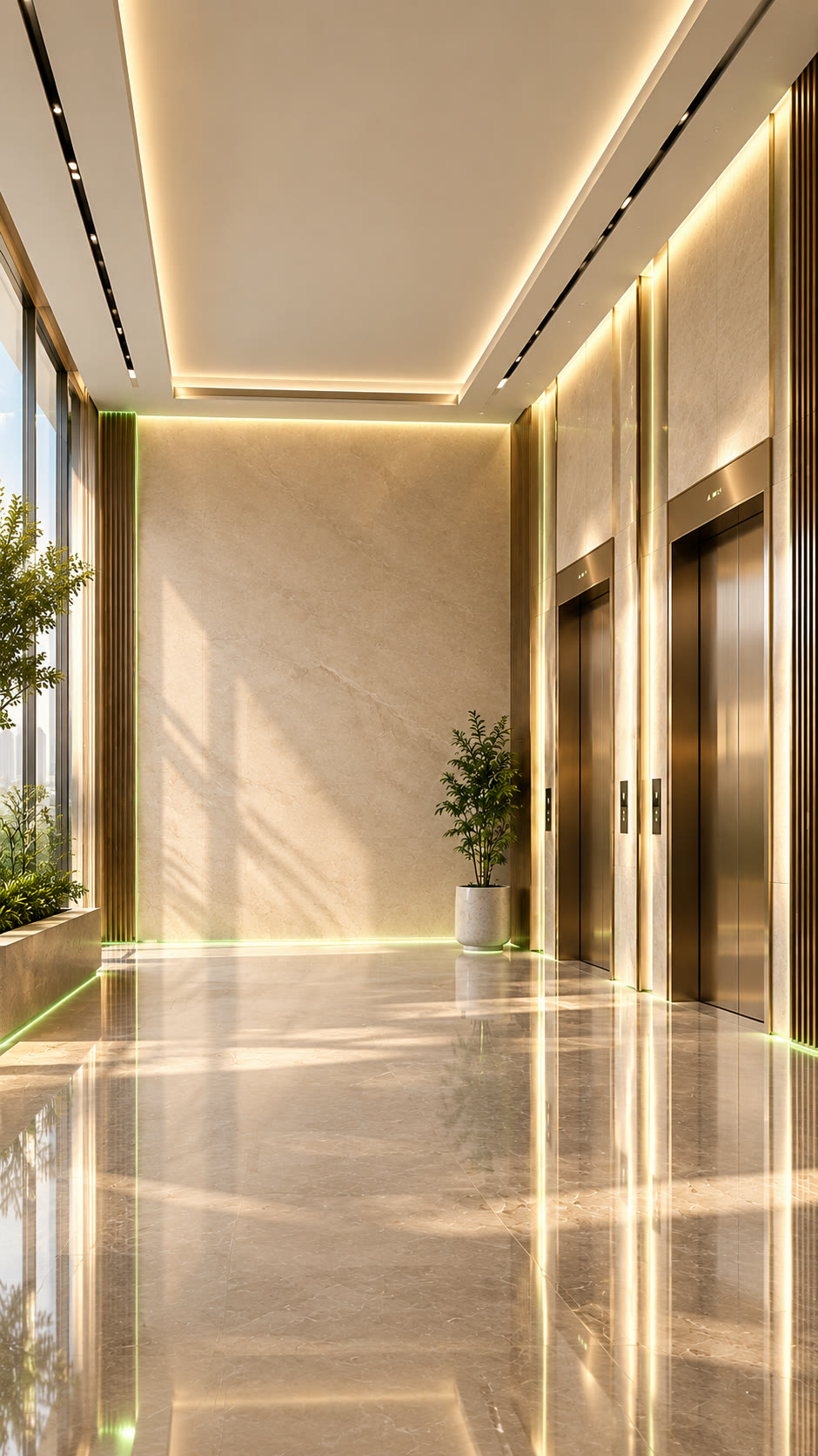 Luxury elevator lobby with warm stone walls, bronze lift doors and subtle green lighting