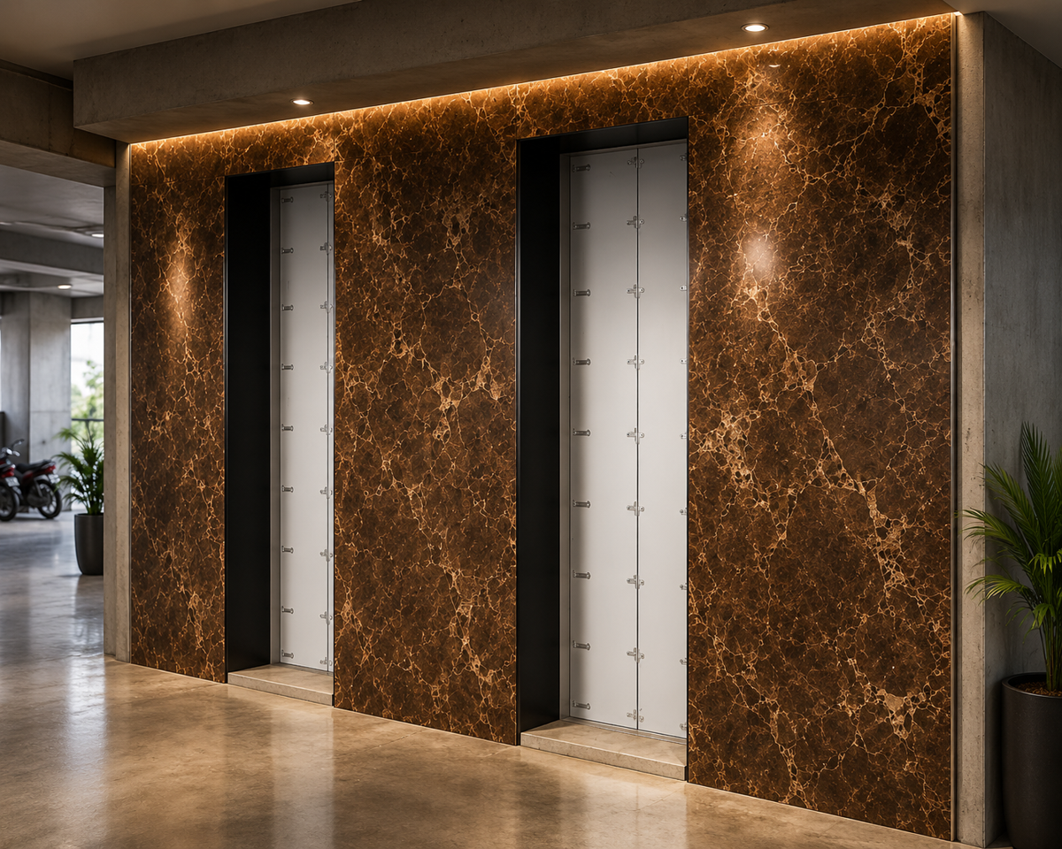 Marble elevator lobby entrance with warm cove lighting