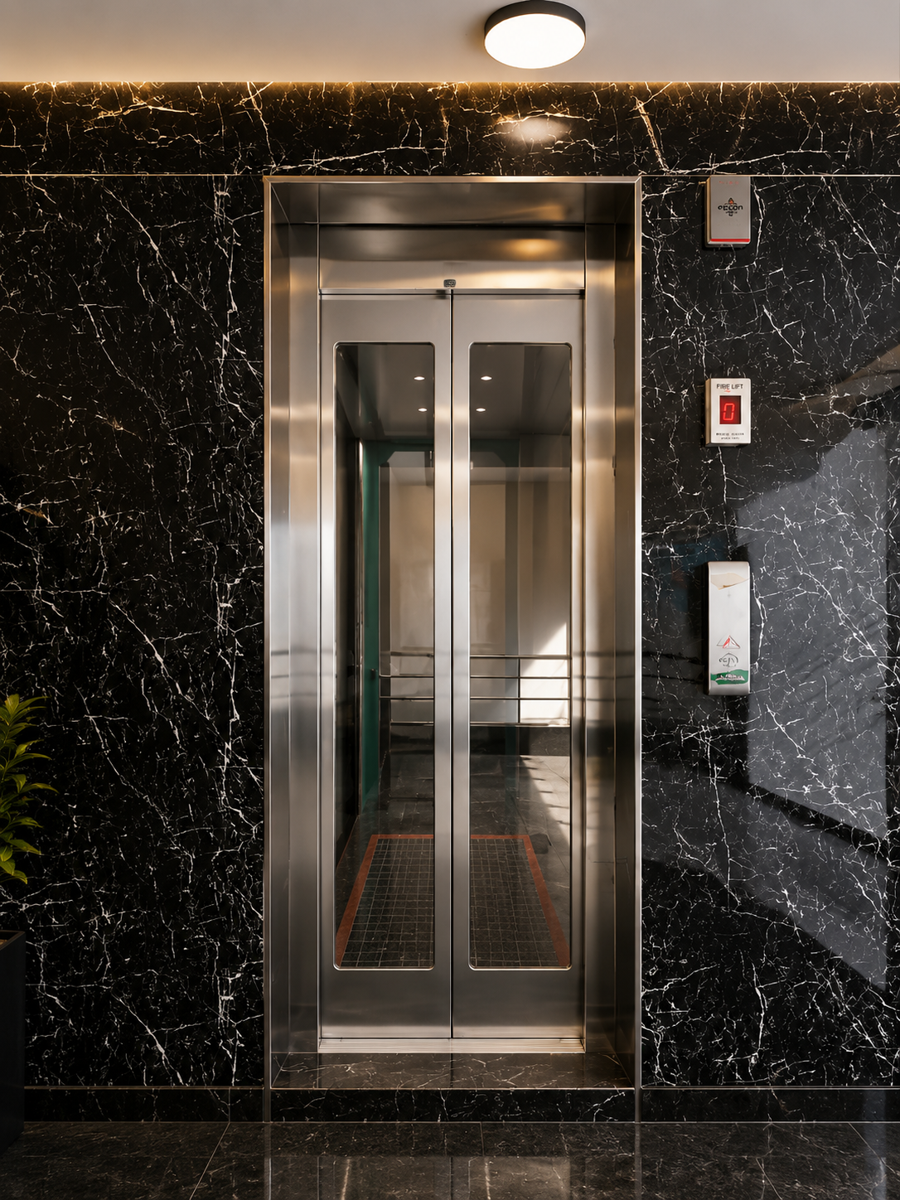 Elevator cabin with full-height mirror and marble side walls