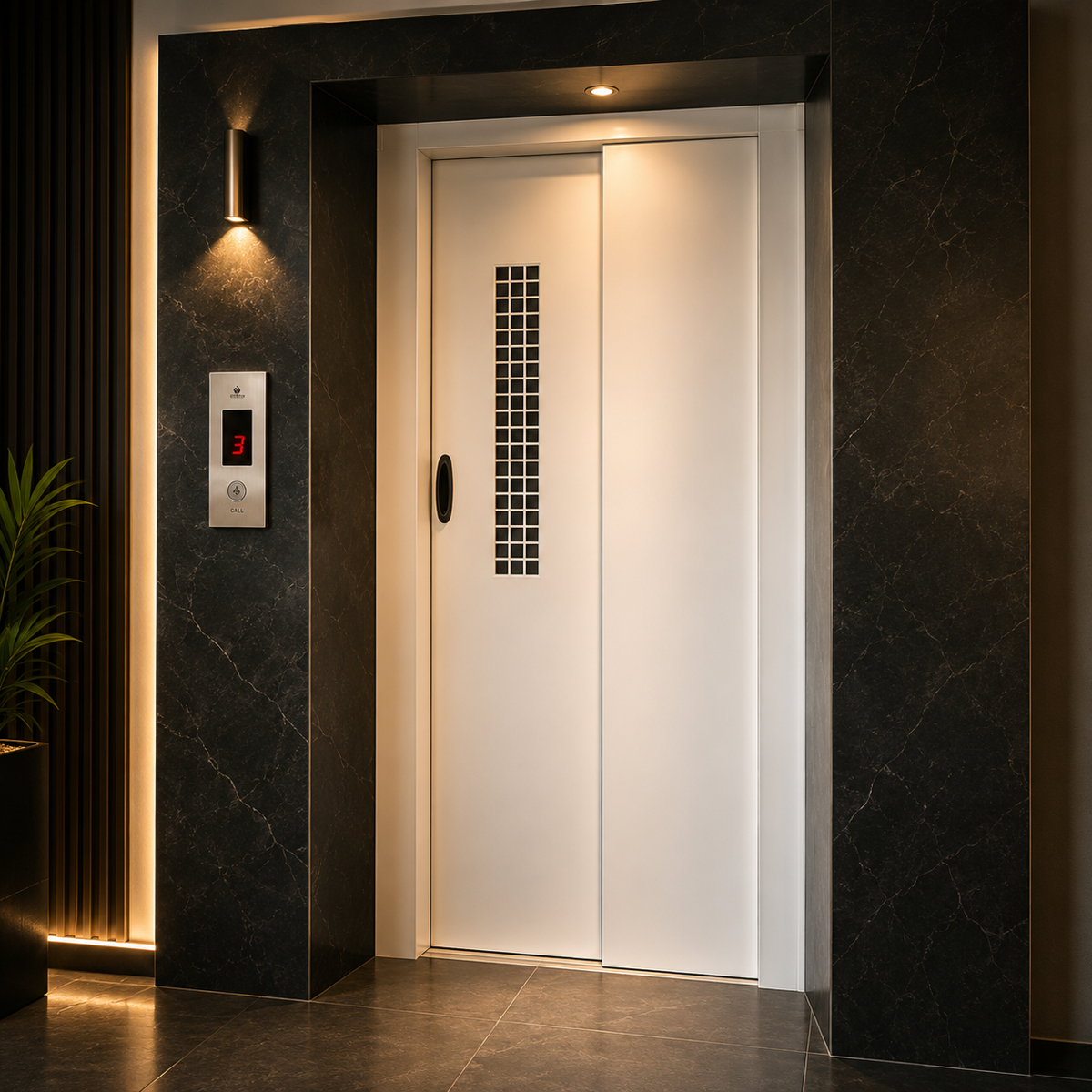 Elevator entrance framed by vertical wood-slat cladding