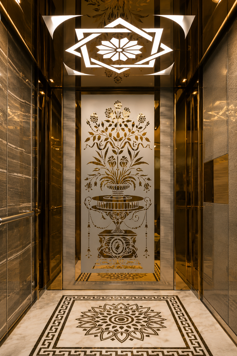 Ornate golden elevator cabin interior with etched panels