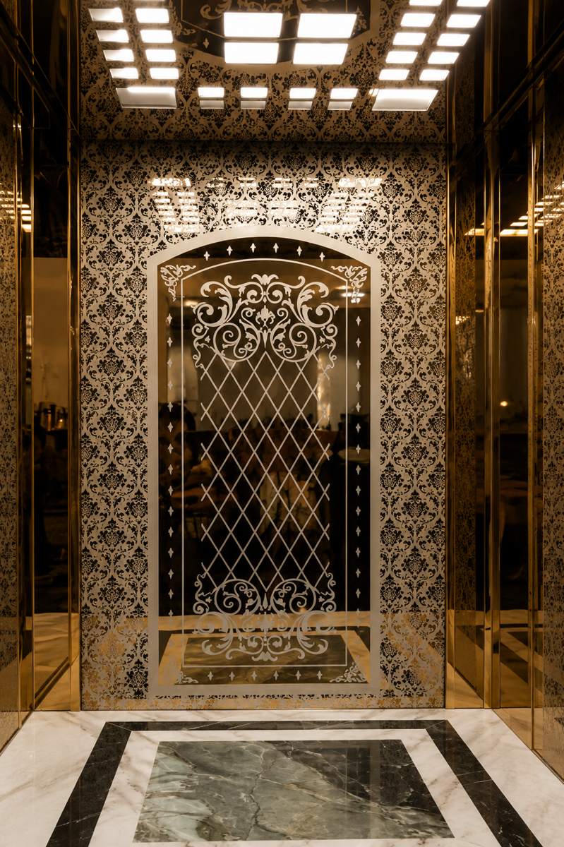 Traditional patterned elevator cabin with mosaic detailing