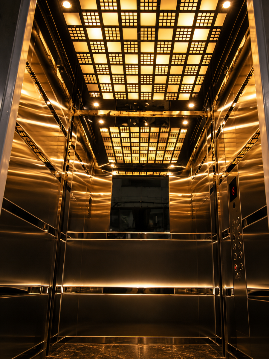 Elevator cabin with illuminated golden ceiling grid