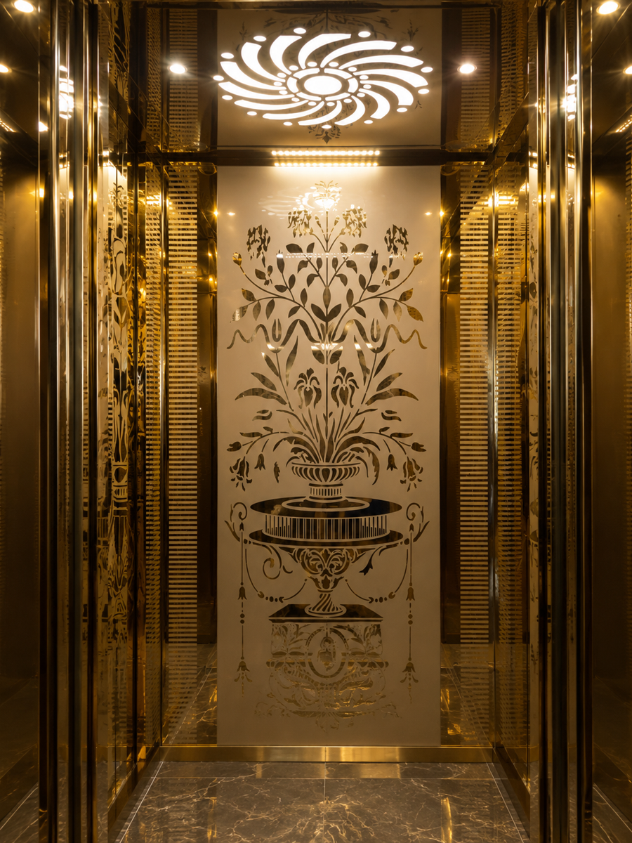 Golden etched stainless steel elevator cabin interior