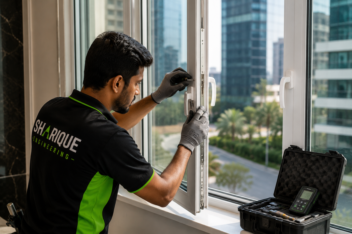 Technician installing a high-rise window with a city skyline behind