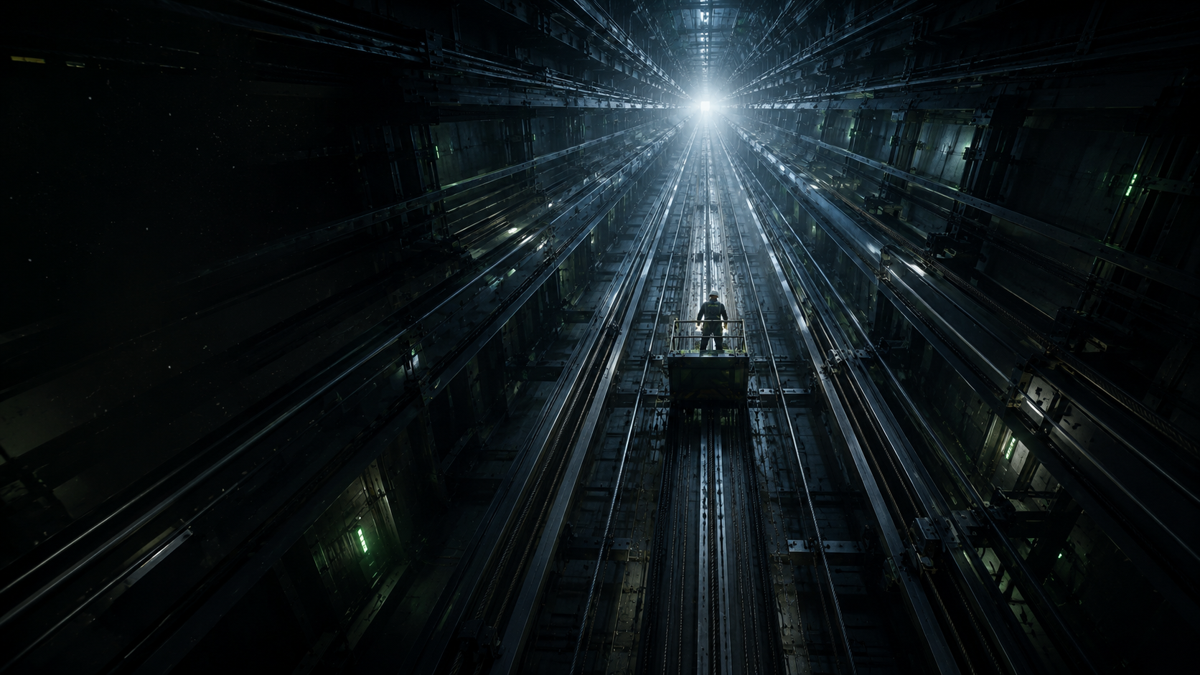 Deep green elevator shaft with bulkhead sconce lights