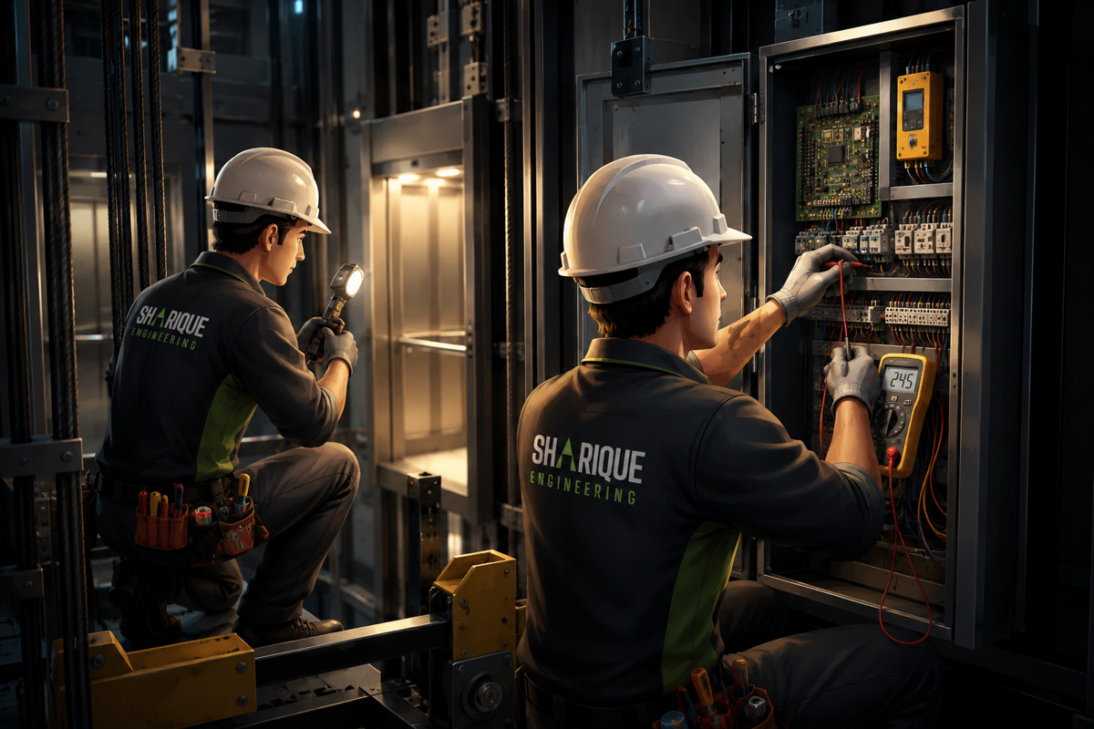 Technicians working inside an elevator shaft with headlamps