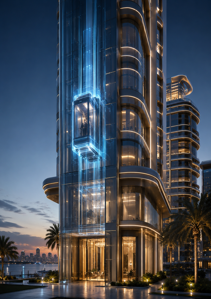 High-rise tower architectural render with vertical elevator cores