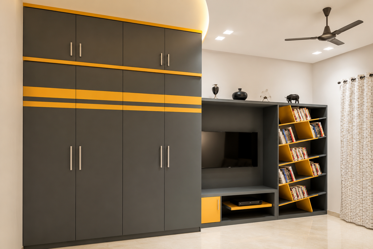 Charcoal modular wardrobe wall with yellow accent stripes