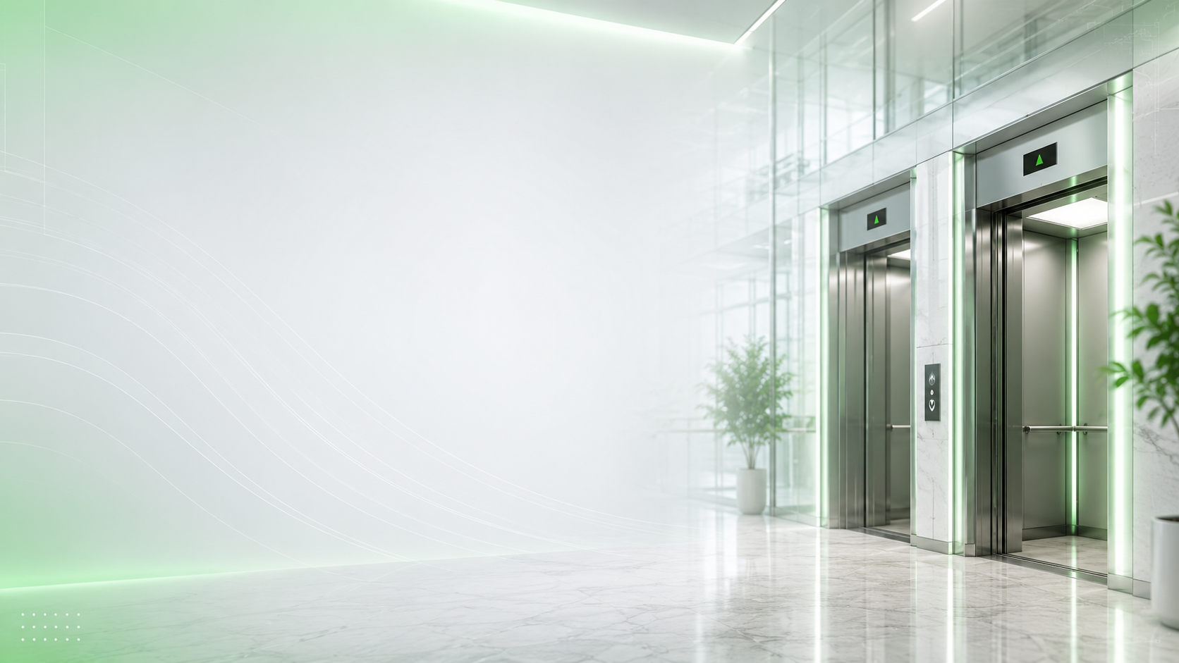 Deep elevator shaft with a technician on a service platform lit from above